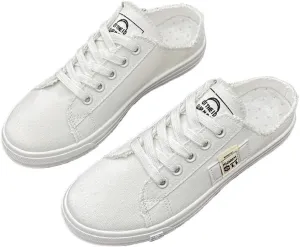 Canvas Mules Slip on Sneakers Women Tennis Shoes Cute Y2K Emo Breathable Slide in Lace up Walking Backless Sports Pumps for Girls Daily Wear Back to School Summer Outdoors Beach Office Rave