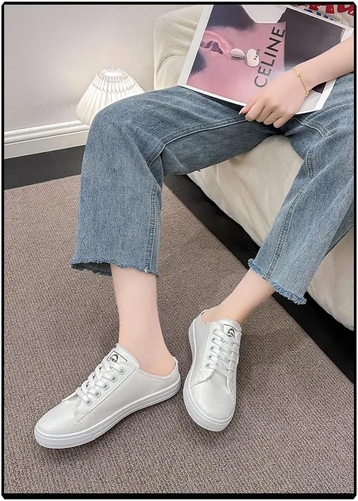 Canvas Mules Slip on Sneakers Women Tennis Shoes Cute Y2K Emo Breathable Slide in Lace up Walking Backless Sports Pumps for Girls Daily Wear Back to School Summer Outdoors Beach Office Rave