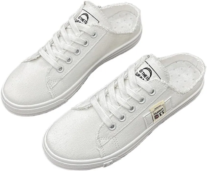 Canvas Mules Slip on Sneakers Women Tennis Shoes Cute Y2K Emo Breathable Slide in Lace up Walking Backless Sports Pumps for Girls Daily Wear Back to School Summer Outdoors Beach Office Rave