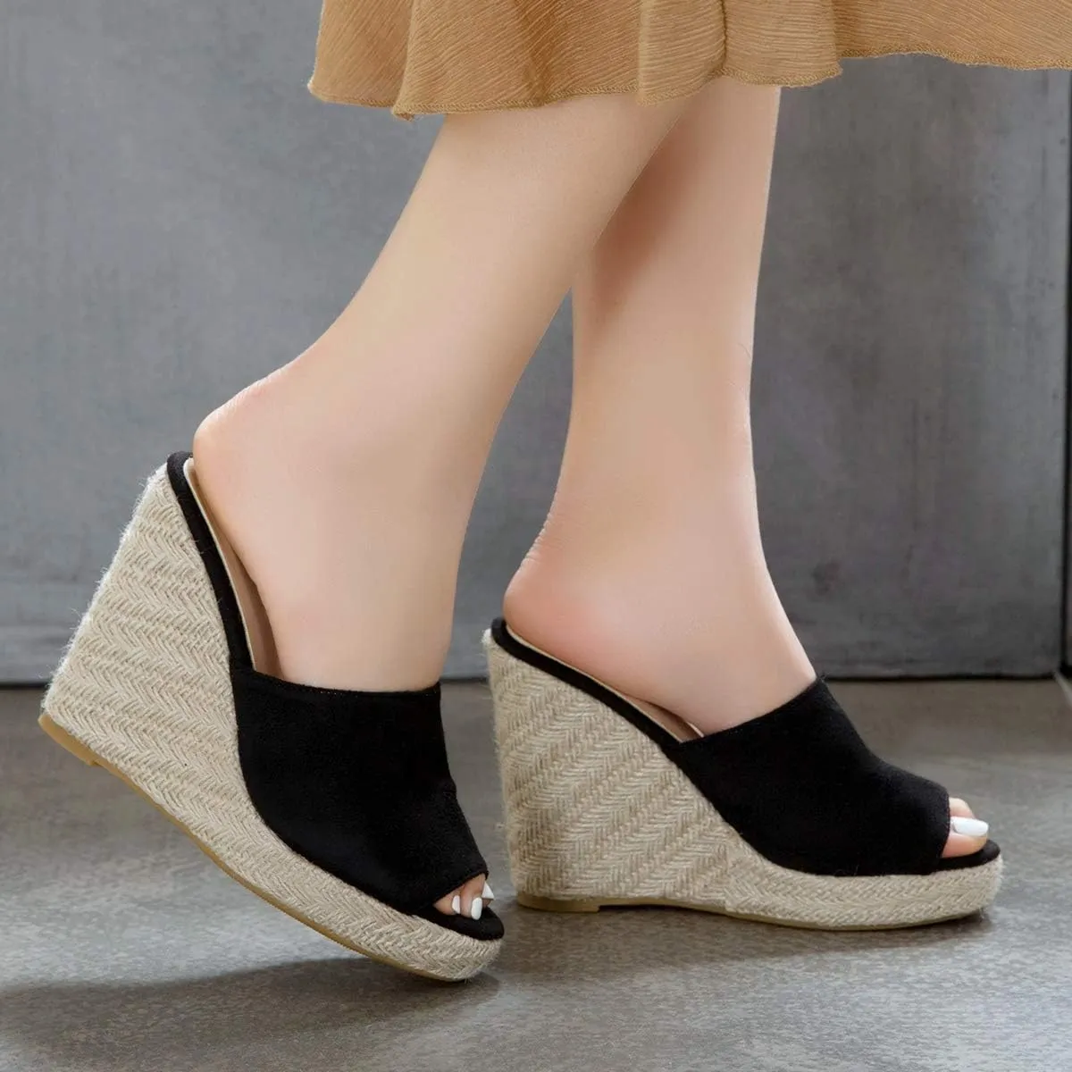 Caradise Womens Espadrille Platform Wedge Peep Toe Mules High Heel Slides Sandals