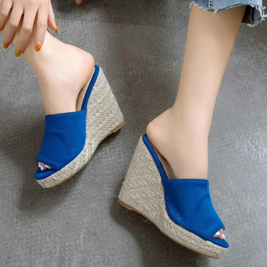 Caradise Womens Espadrille Platform Wedge Peep Toe Mules High Heel Slides Sandals