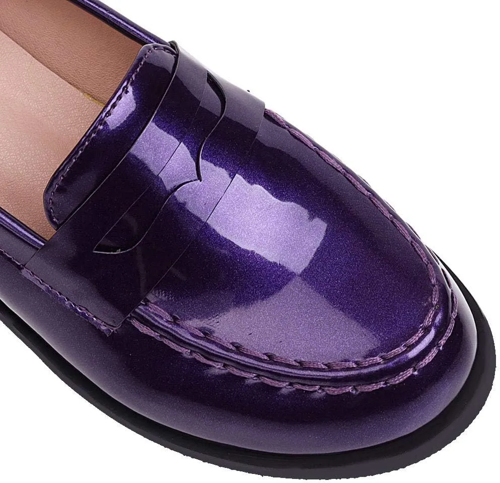 Caradise Women's Patent Leather Loafers Block Heel Slip On Casual Shoes