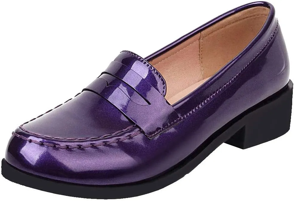 Caradise Women's Patent Leather Loafers Block Heel Slip On Casual Shoes