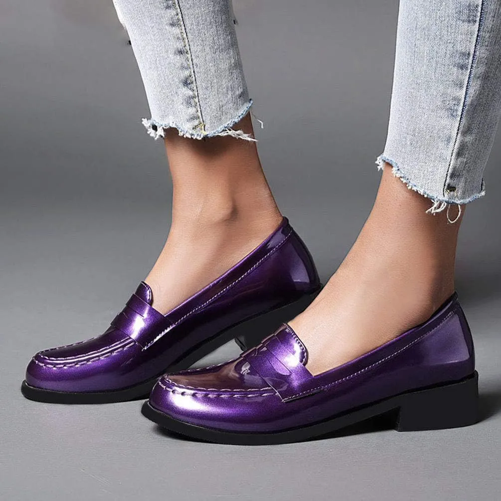Caradise Women's Patent Leather Loafers Block Heel Slip On Casual Shoes
