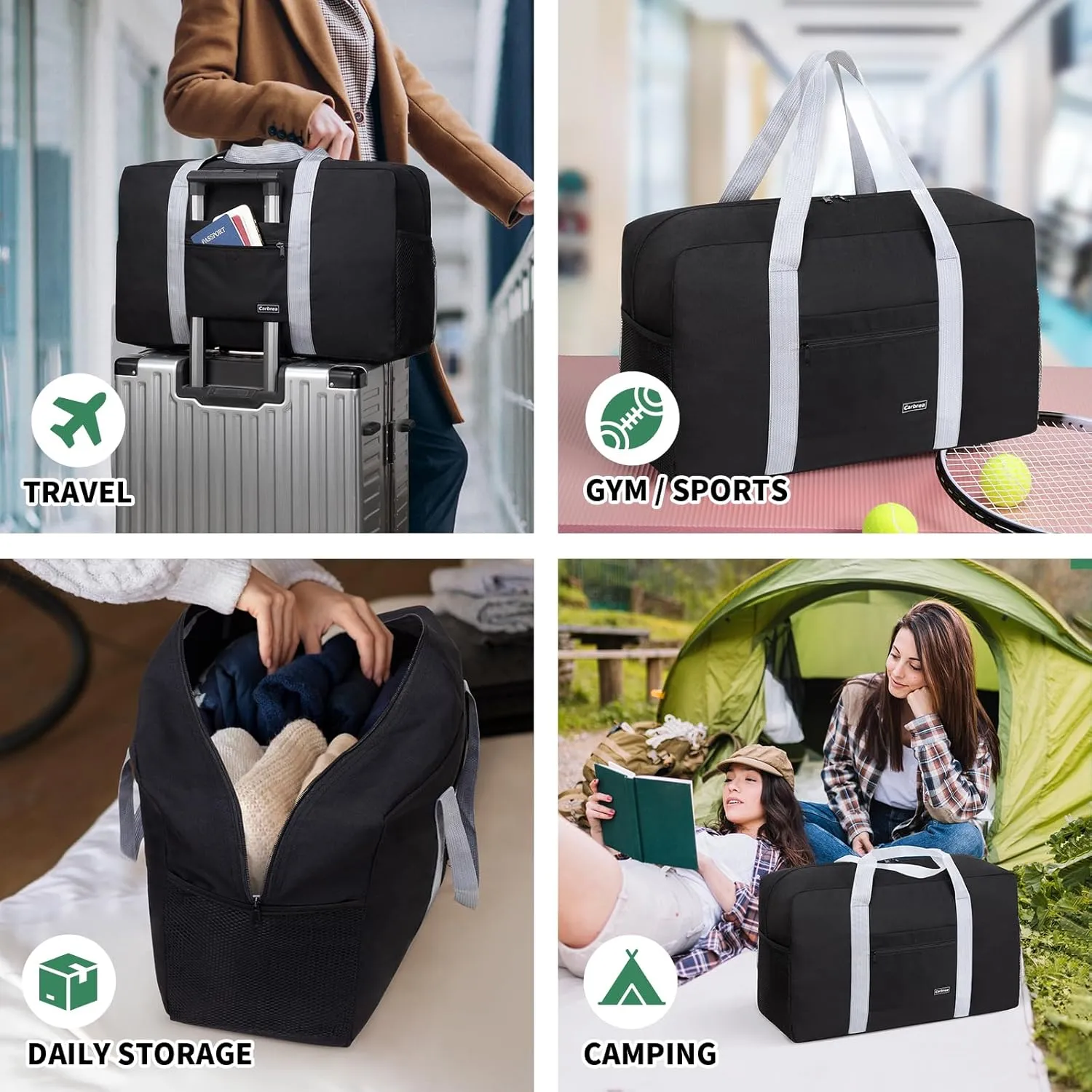Carry on Duffle Bag - Carry on Bag 22x14x9 Airline Approved 36L Foldable Travel Duffel Bag for Women and Men - Black