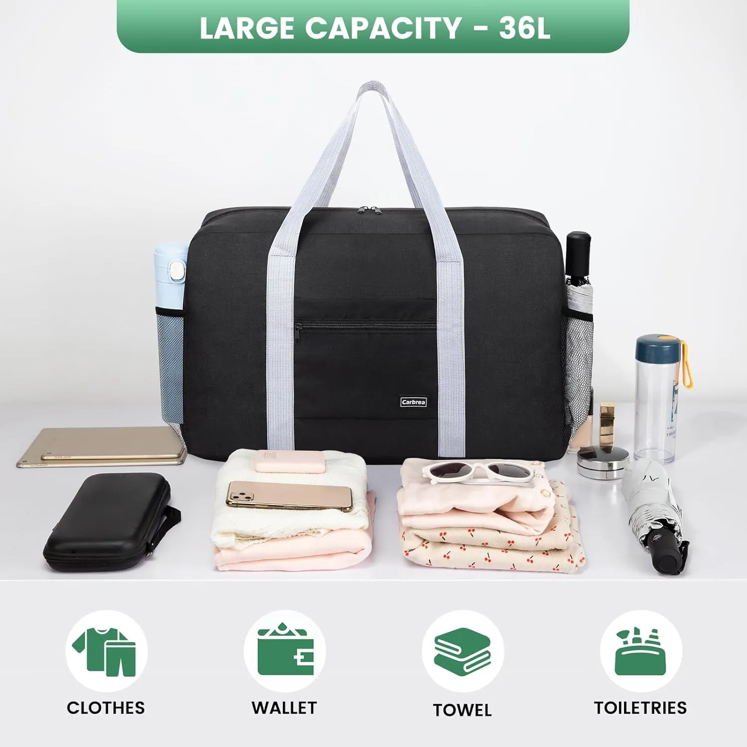 Carry on Duffle Bag - Carry on Bag 22x14x9 Airline Approved 36L Foldable Travel Duffel Bag for Women and Men - Black