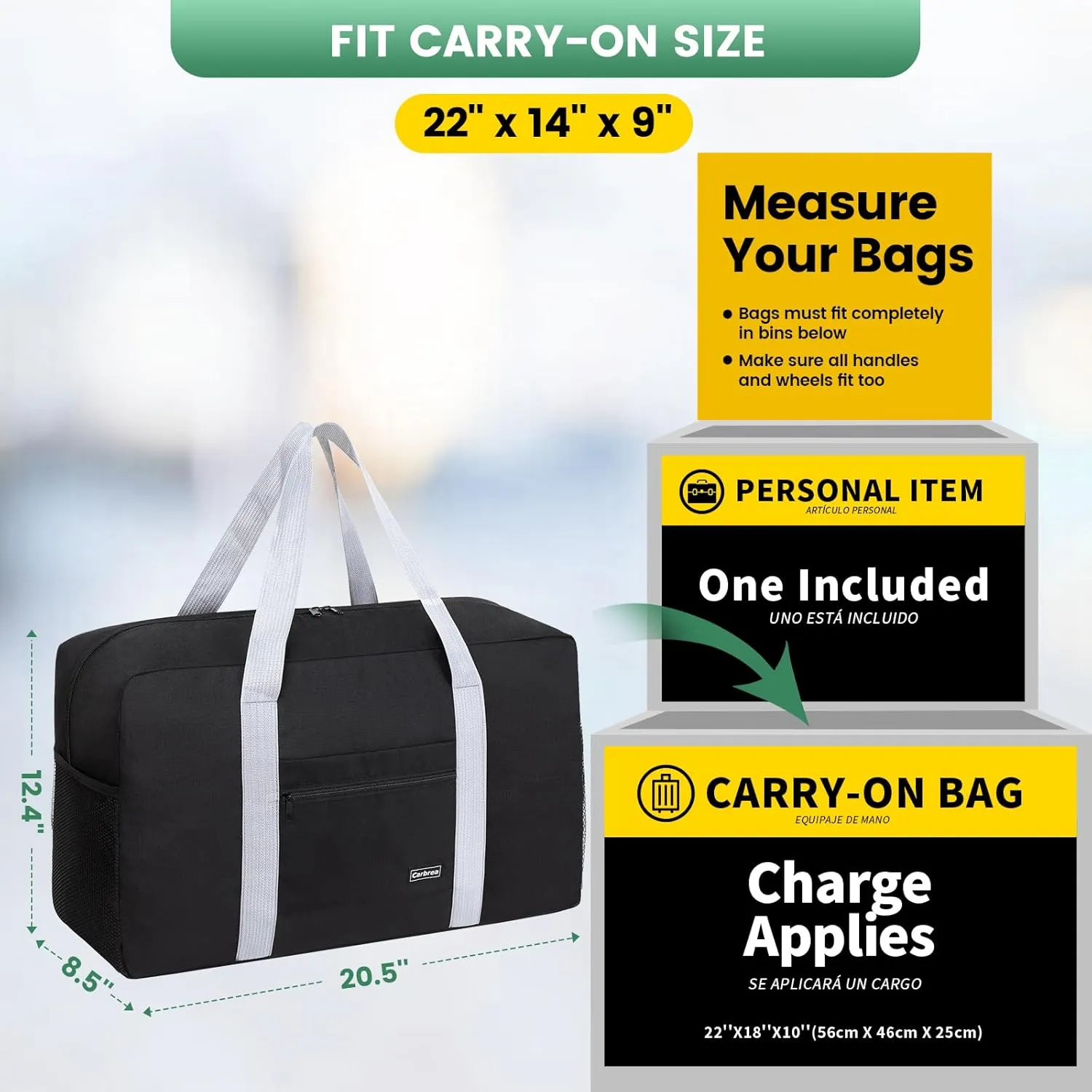 Carry on Duffle Bag - Carry on Bag 22x14x9 Airline Approved 36L Foldable Travel Duffel Bag for Women and Men - Black