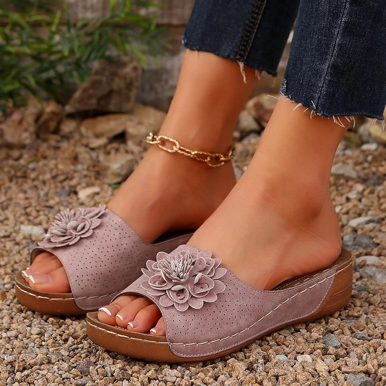 Chic Flowers Orthopedic Sandals for Women Arch Support Fish Mouth Open Toe Leather Slippers Wedge Platform Sandal