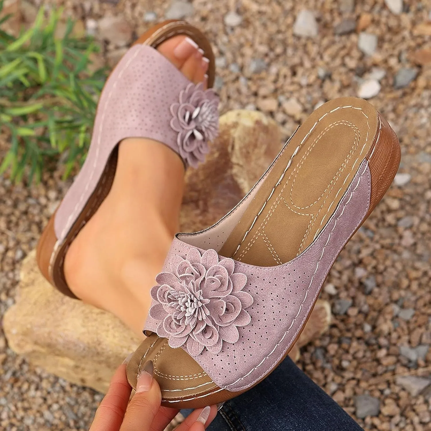 Chic Flowers Orthopedic Sandals for Women Arch Support Fish Mouth Open Toe Leather Slippers Wedge Platform Sandal