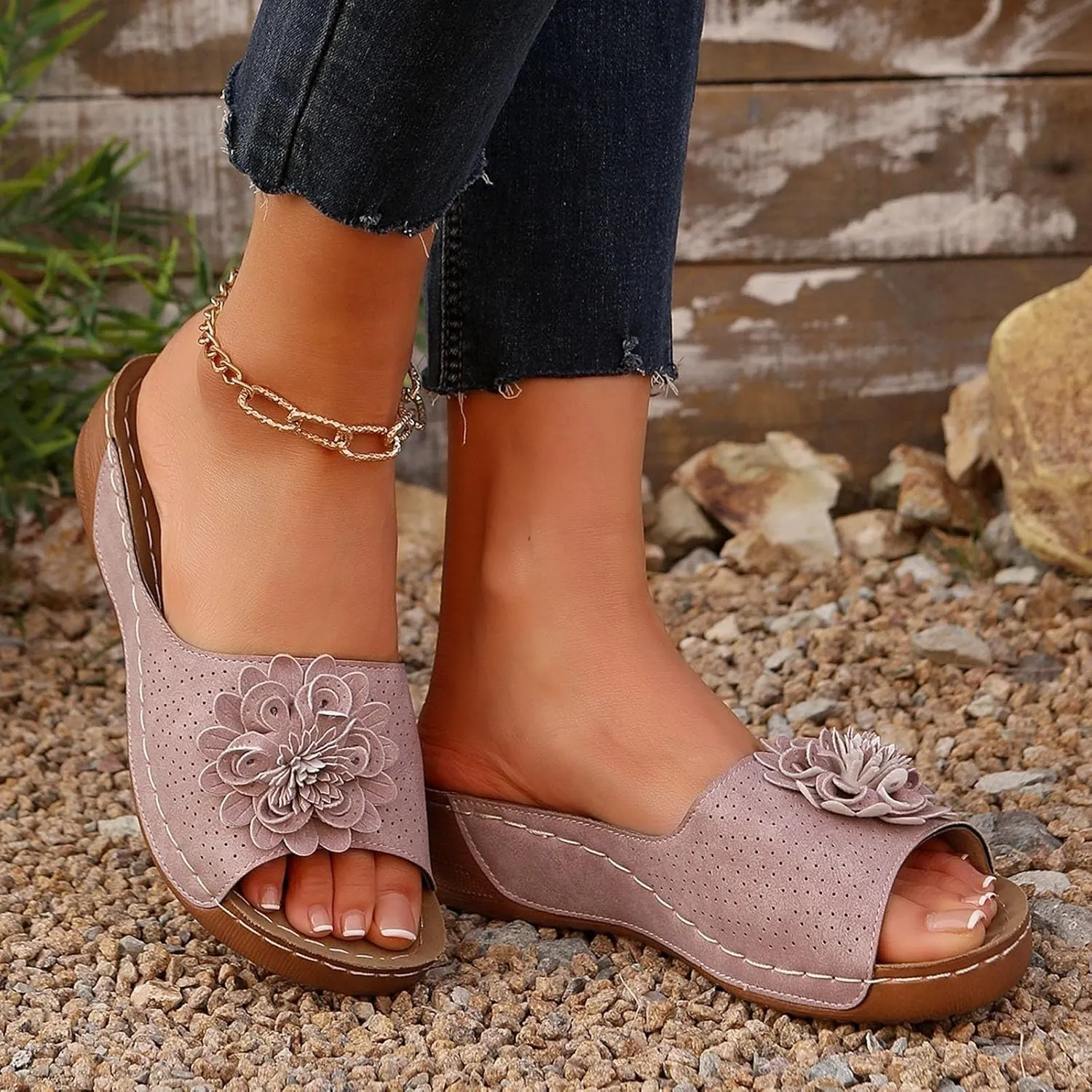 Chic Flowers Orthopedic Sandals for Women Arch Support Fish Mouth Open Toe Leather Slippers Wedge Platform Sandal