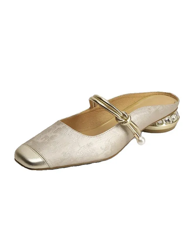 Chinese Style Champagne Cowhide Leather Embossed Slide Sandals