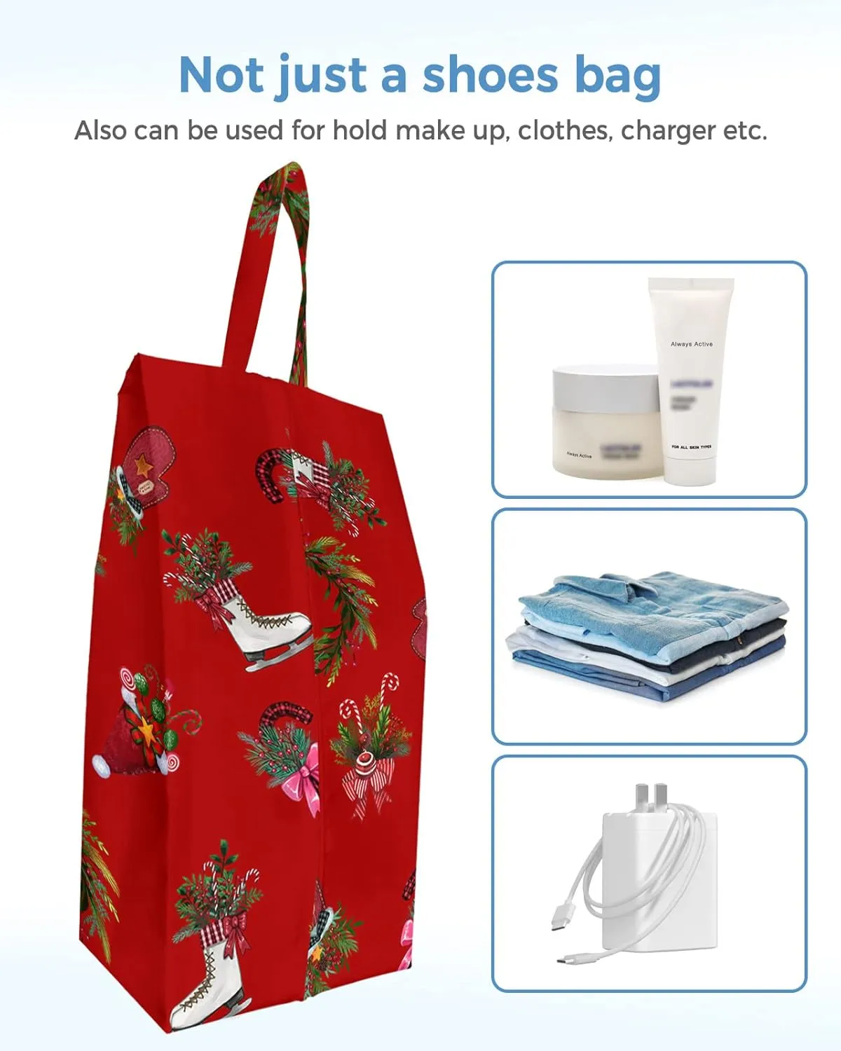 Christmas Shoe Bags,Large Travel Golf Shoes Pouch Bags Storage Organizer Accessories with Zipper & Handle for Men, Women, Kids, Traveling, Gym, Sport, Red Candy Cane Pine Tree Berry Wreath