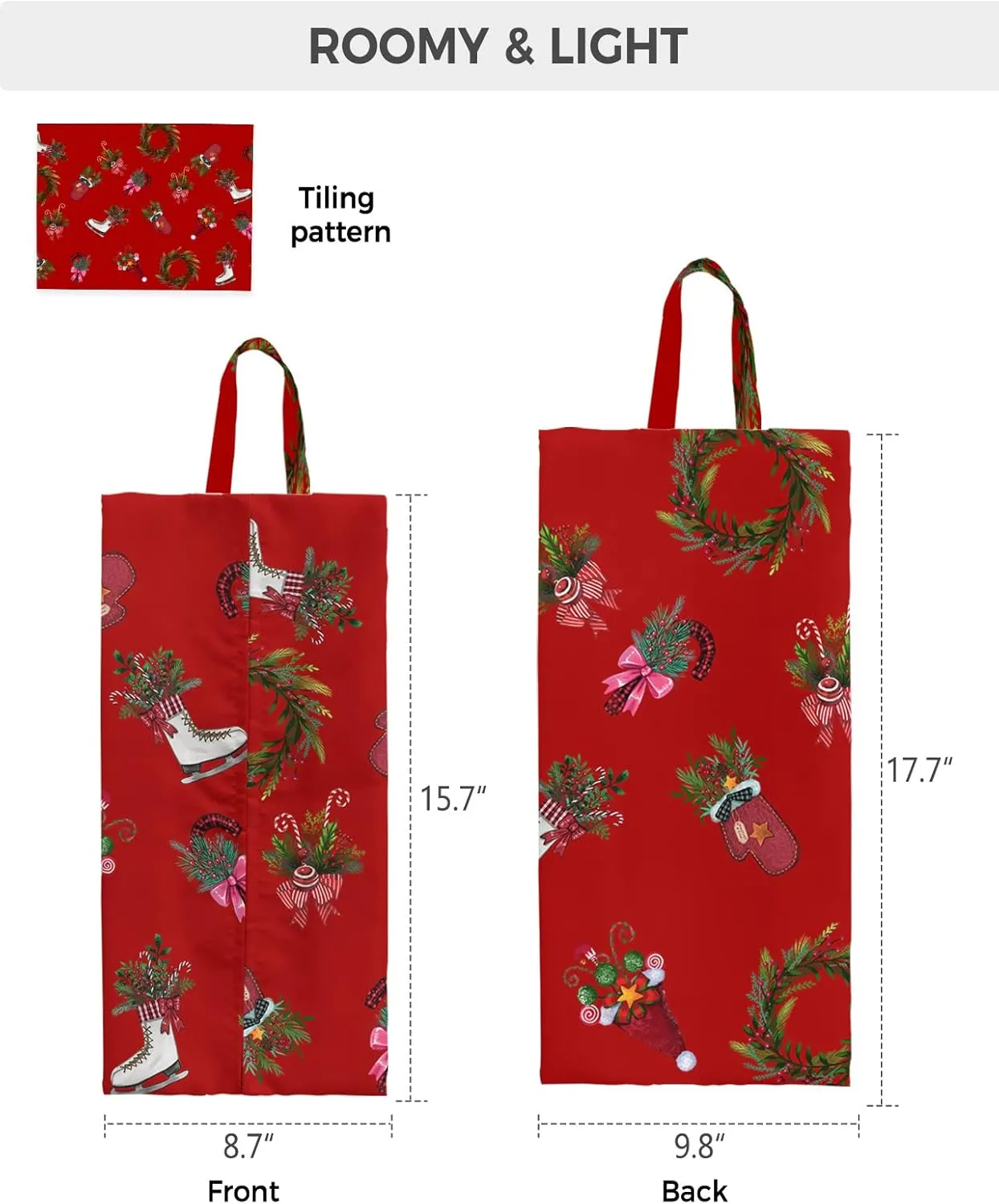 Christmas Shoe Bags,Large Travel Golf Shoes Pouch Bags Storage Organizer Accessories with Zipper & Handle for Men, Women, Kids, Traveling, Gym, Sport, Red Candy Cane Pine Tree Berry Wreath