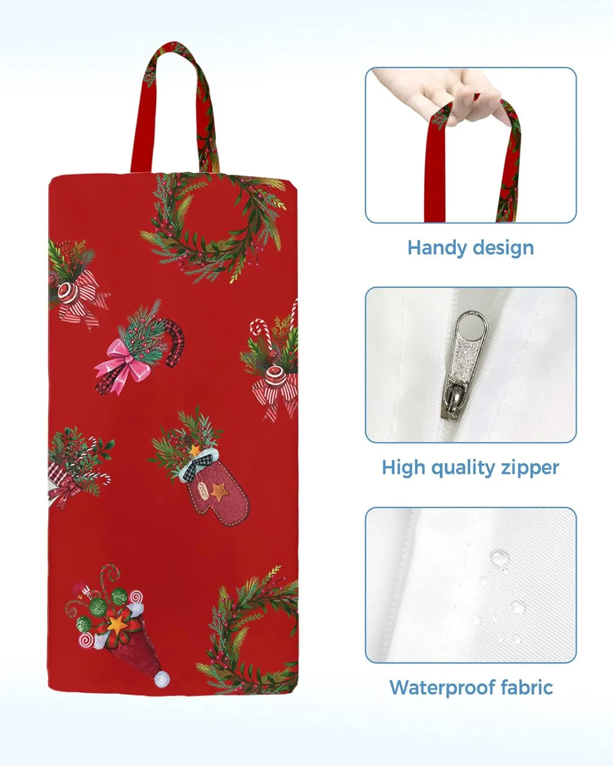 Christmas Shoe Bags,Large Travel Golf Shoes Pouch Bags Storage Organizer Accessories with Zipper & Handle for Men, Women, Kids, Traveling, Gym, Sport, Red Candy Cane Pine Tree Berry Wreath
