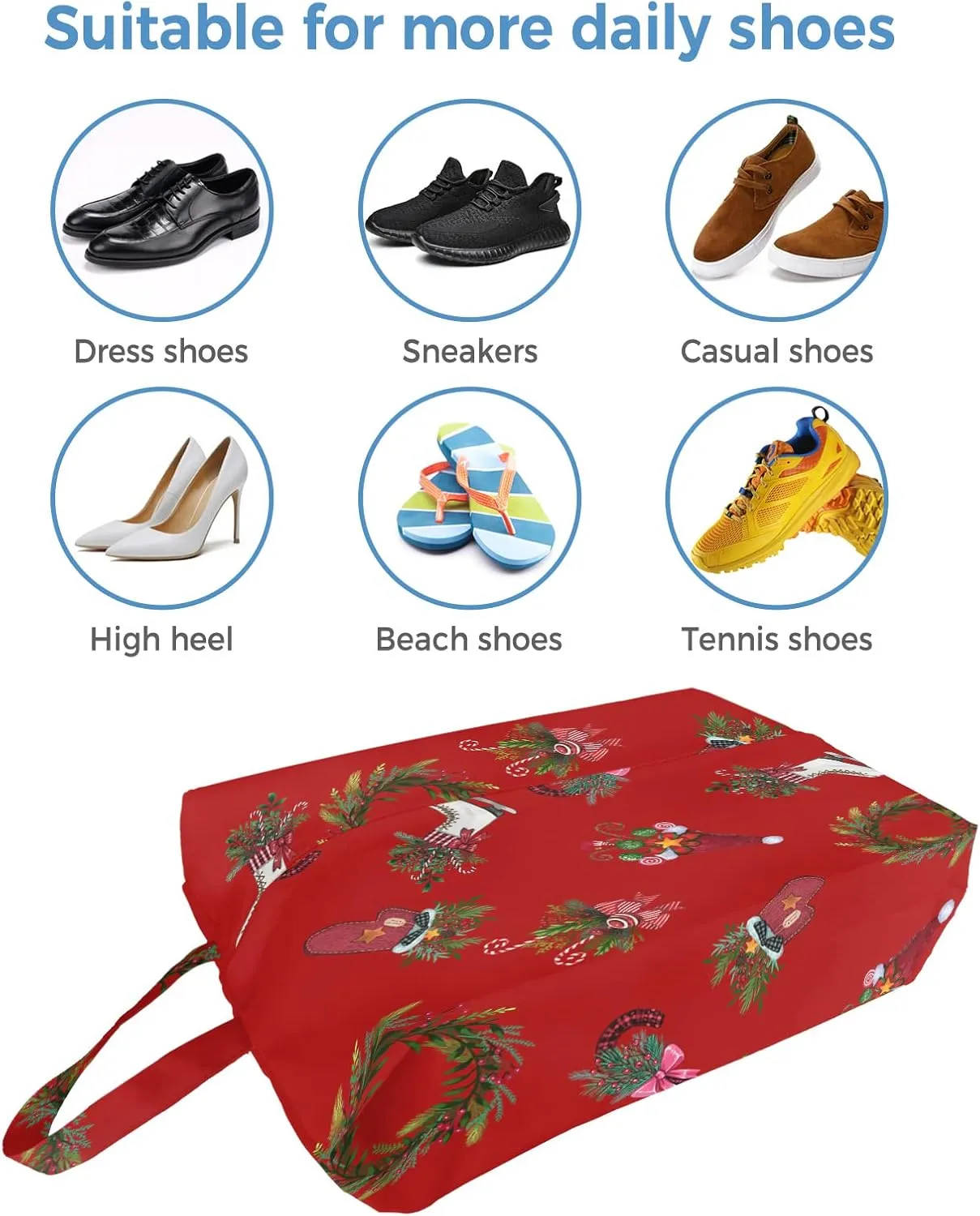 Christmas Shoe Bags,Large Travel Golf Shoes Pouch Bags Storage Organizer Accessories with Zipper & Handle for Men, Women, Kids, Traveling, Gym, Sport, Red Candy Cane Pine Tree Berry Wreath