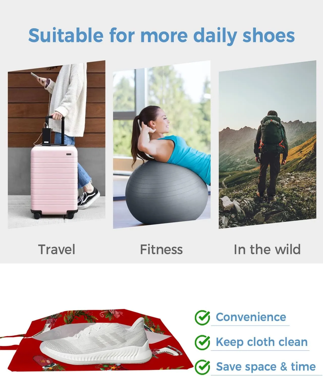 Christmas Shoe Bags,Large Travel Golf Shoes Pouch Bags Storage Organizer Accessories with Zipper & Handle for Men, Women, Kids, Traveling, Gym, Sport, Red Candy Cane Pine Tree Berry Wreath