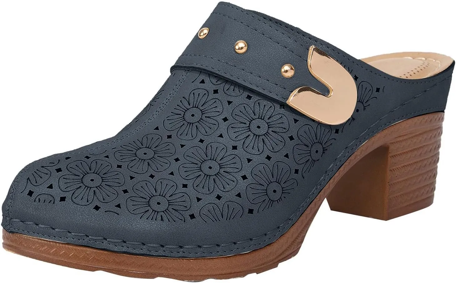 Chunky Heel Sandals for Women Open Back Leather Clogs Mules Hollow Out Closed Toe Sandals, Metal Decoration Casual Breathable Backless Mules Sandal Comfortable Orthopedic Shoes