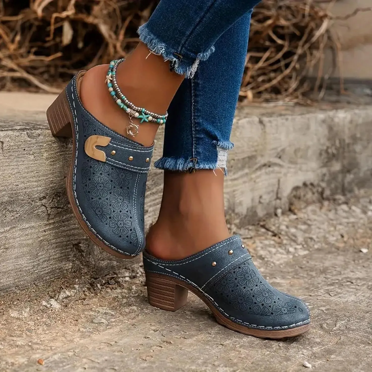 Chunky Heel Sandals for Women Open Back Leather Clogs Mules Hollow Out Closed Toe Sandals, Metal Decoration Casual Breathable Backless Mules Sandal Comfortable Orthopedic Shoes