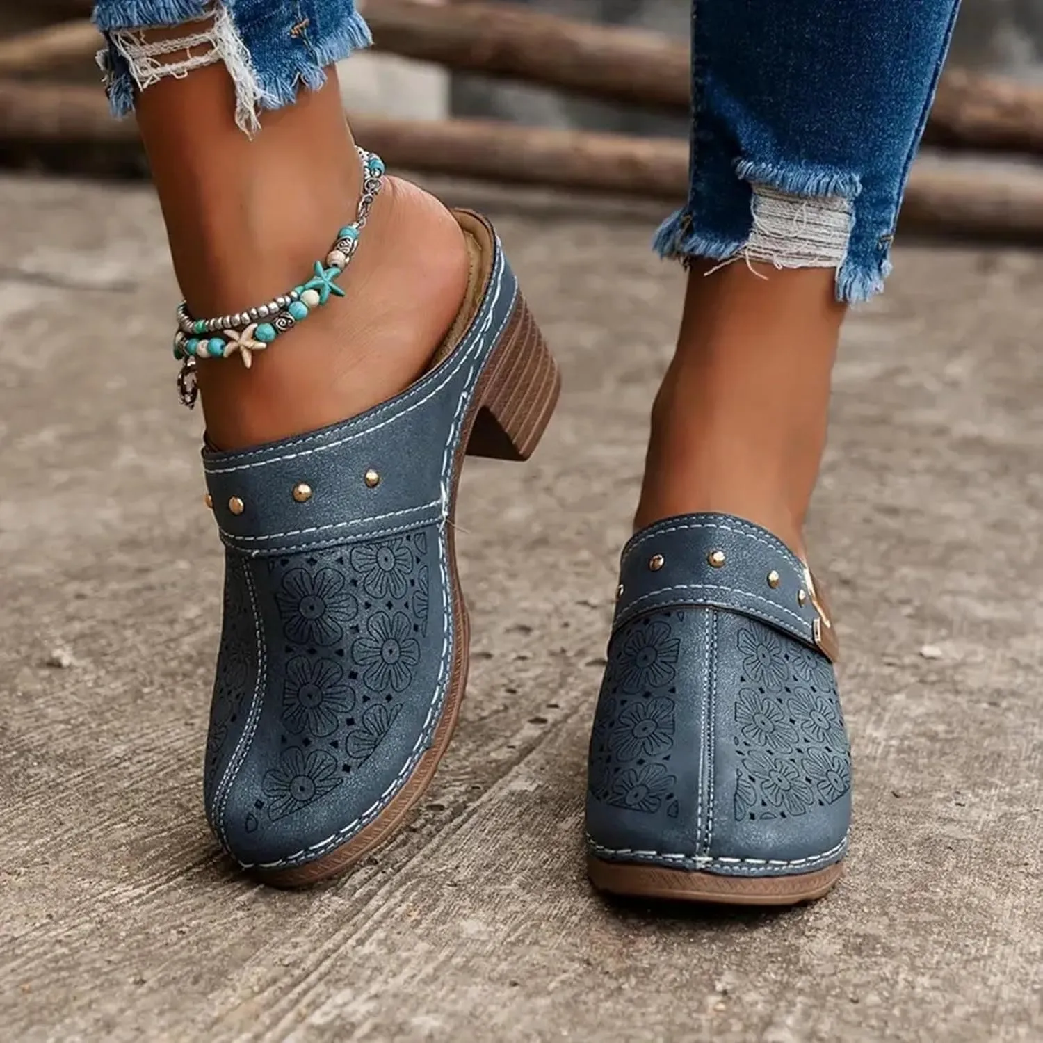 Chunky Heel Sandals for Women Open Back Leather Clogs Mules Hollow Out Closed Toe Sandals, Metal Decoration Casual Breathable Backless Mules Sandal Comfortable Orthopedic Shoes