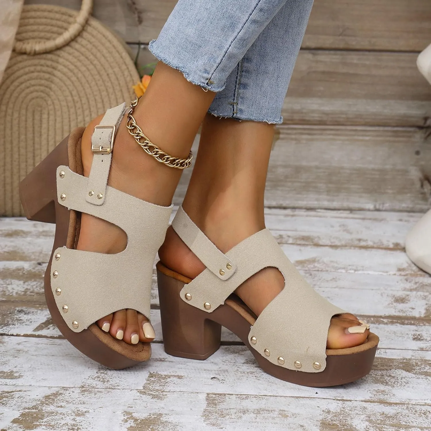 Chunky Heels Womens Wide Width Sandals Comfy Heels Walking Shoes Studded Wedge Sandals Open Toe Short Heel
