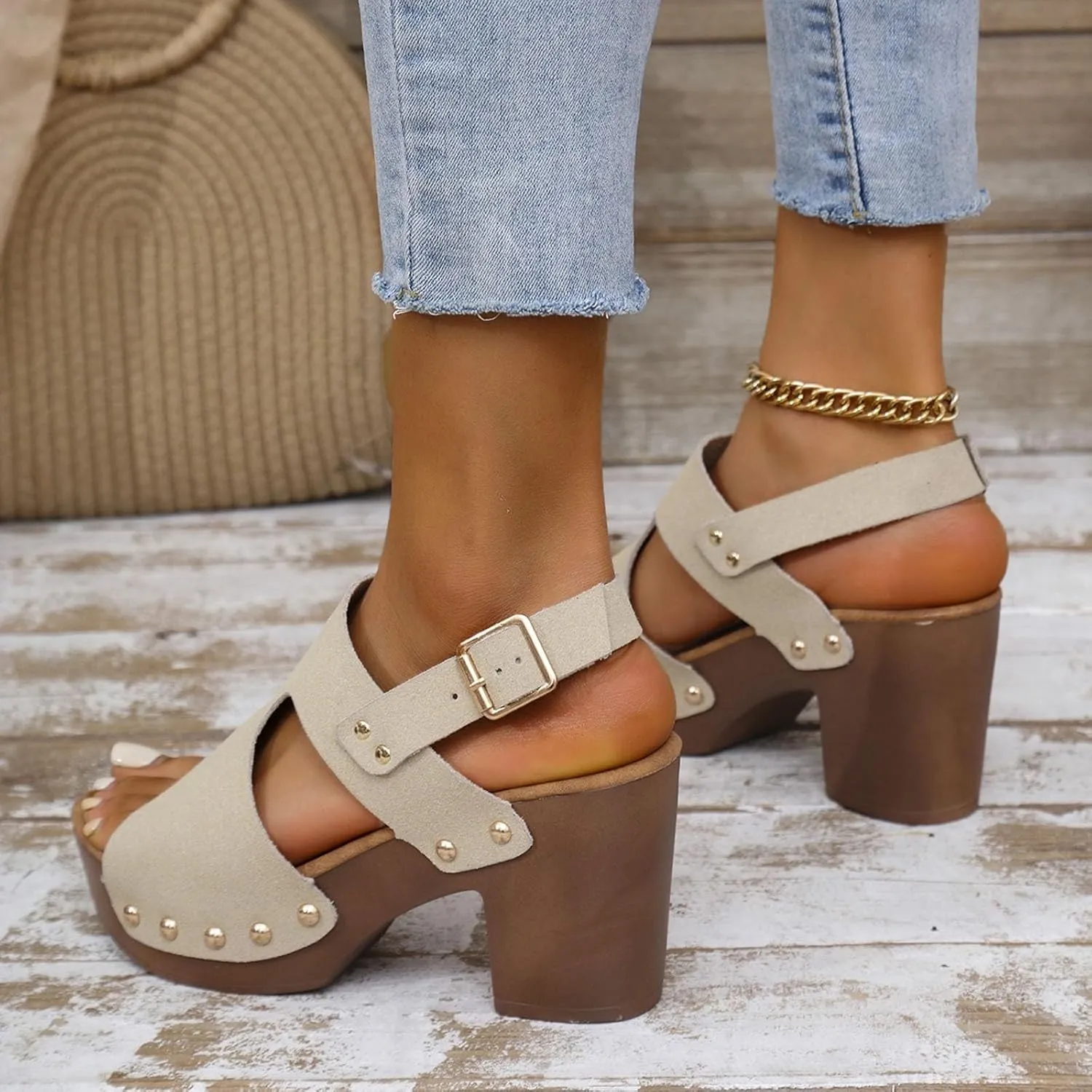 Chunky Heels Womens Wide Width Sandals Comfy Heels Walking Shoes Studded Wedge Sandals Open Toe Short Heel