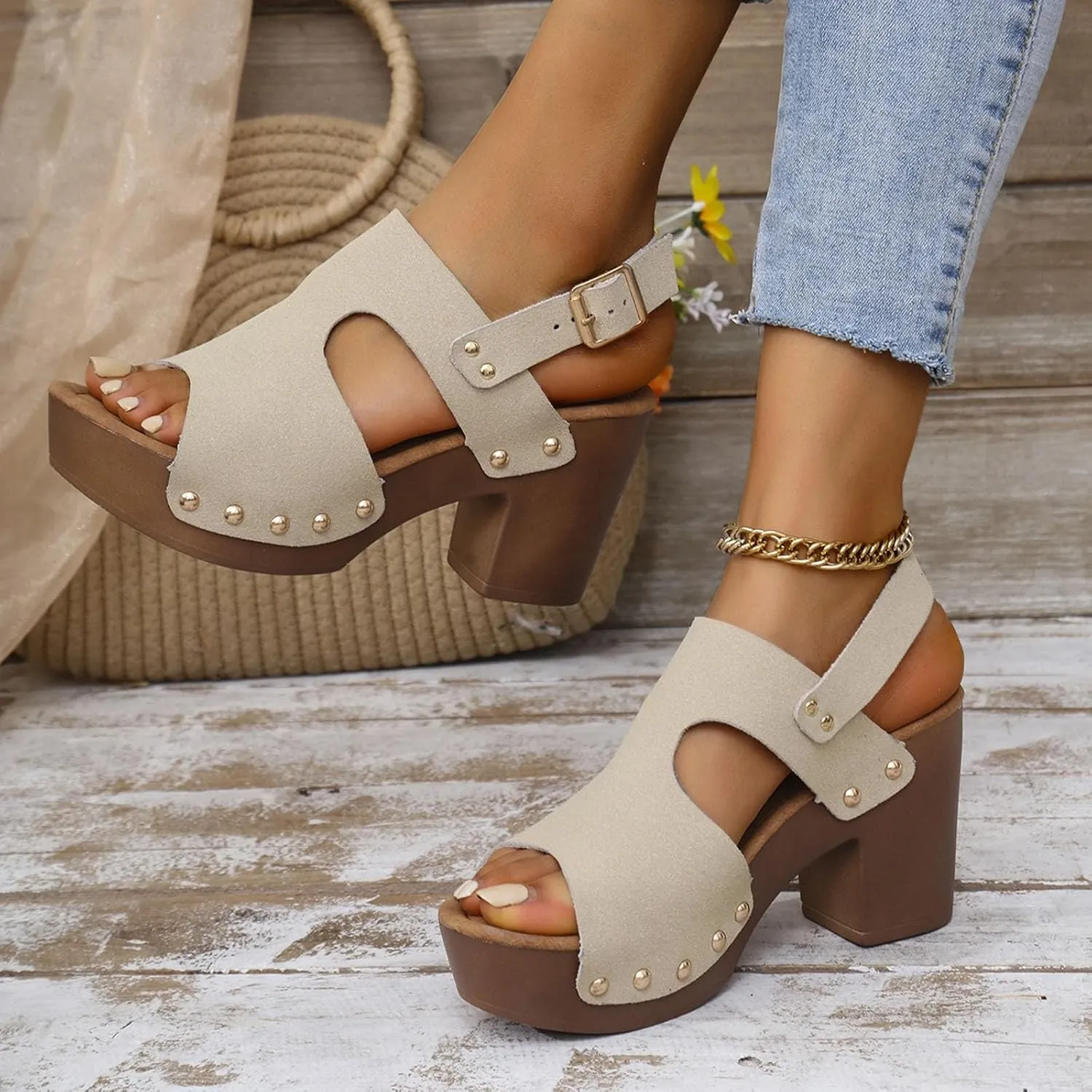 Chunky Heels Womens Wide Width Sandals Comfy Heels Walking Shoes Studded Wedge Sandals Open Toe Short Heel