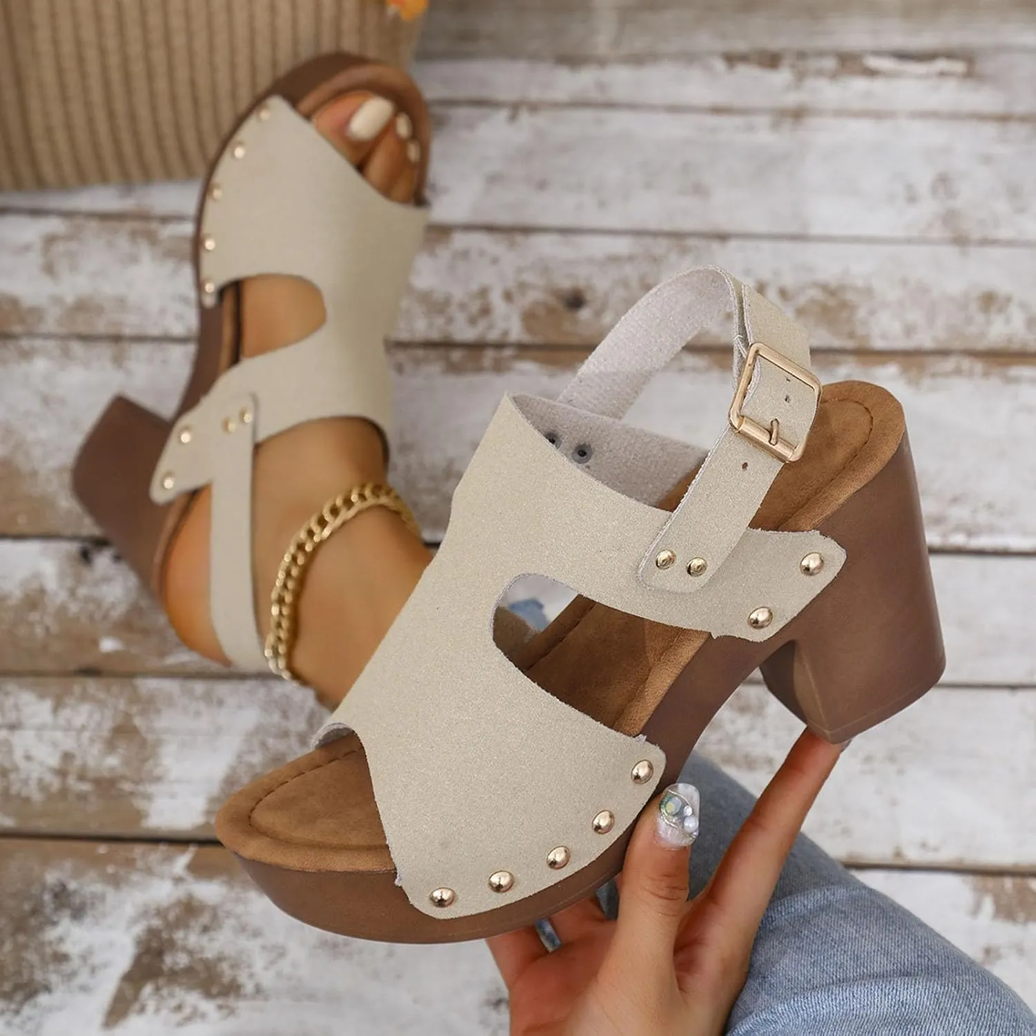 Chunky Heels Womens Wide Width Sandals Comfy Heels Walking Shoes Studded Wedge Sandals Open Toe Short Heel