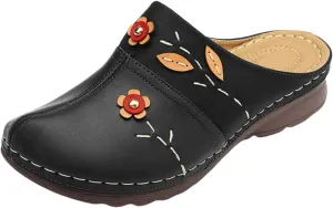 Clogs Shoes for Women Summer Leather Slippers Comfort Work Slip on Loafers Wide Fit Mules Beach Flowers Wedge Sandals Comfortable Closed Toe Walking Orthopedic Arch Support Platform Mule