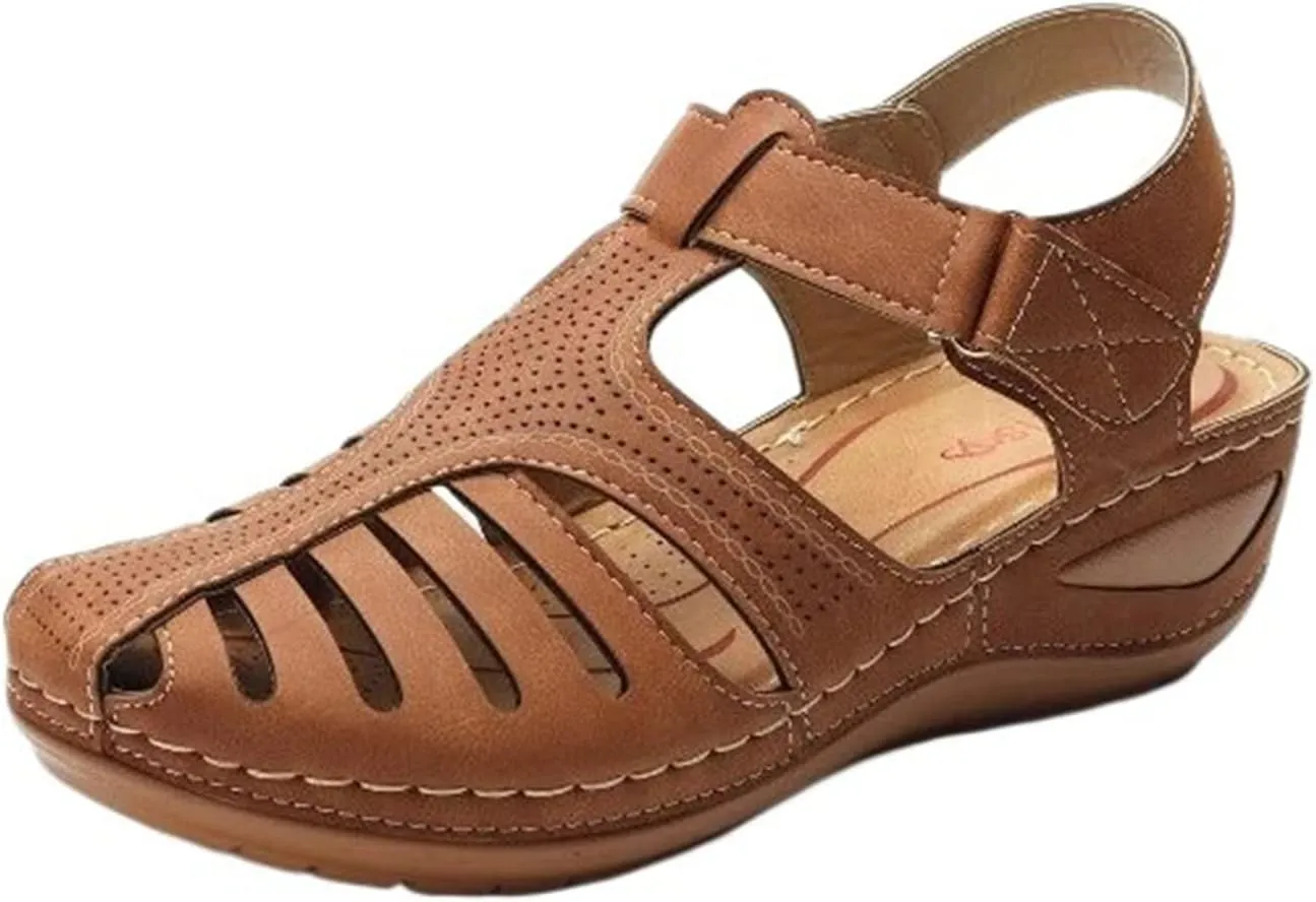 Closed Toe Sandals Women Arch Support Sandals Dressy Summer Ankle Strap Non-Slip Hollow Out Wedge Sandal Beach Shoes