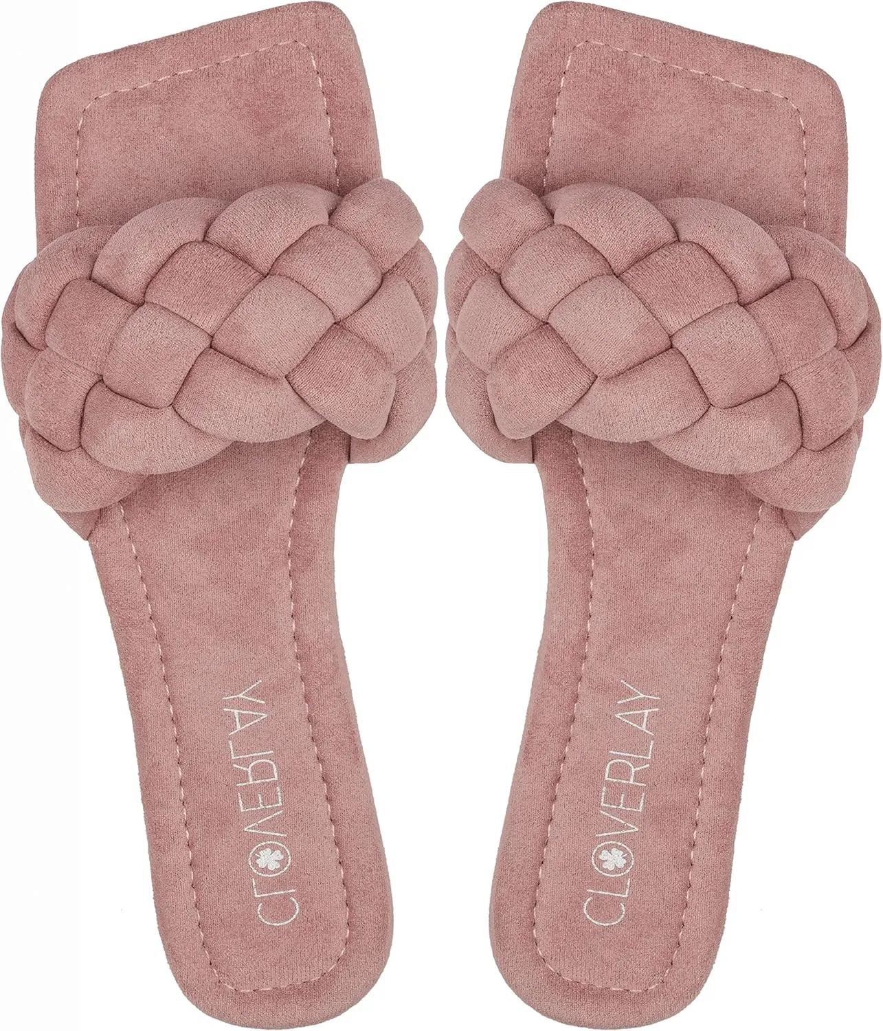 CLOVERLAY Women's Braided Flat Sandals Square Toe Slides Braided Woven Single Band Slip On Slide Sandal