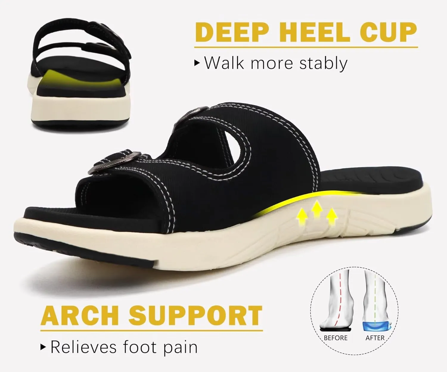 COFACE Womens Orthotic Slides Comfort Plantar Fasciitis Arch Support Slip on Flat Sandals Ladies Soft Cushion Fashion Yoga Mat Slippers With Adjustable Straps