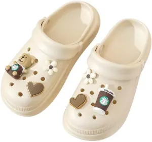 Coffee Theme Clogs, Decorative Heart and Bear Charms, Ventilated Garden Shoes, Beige