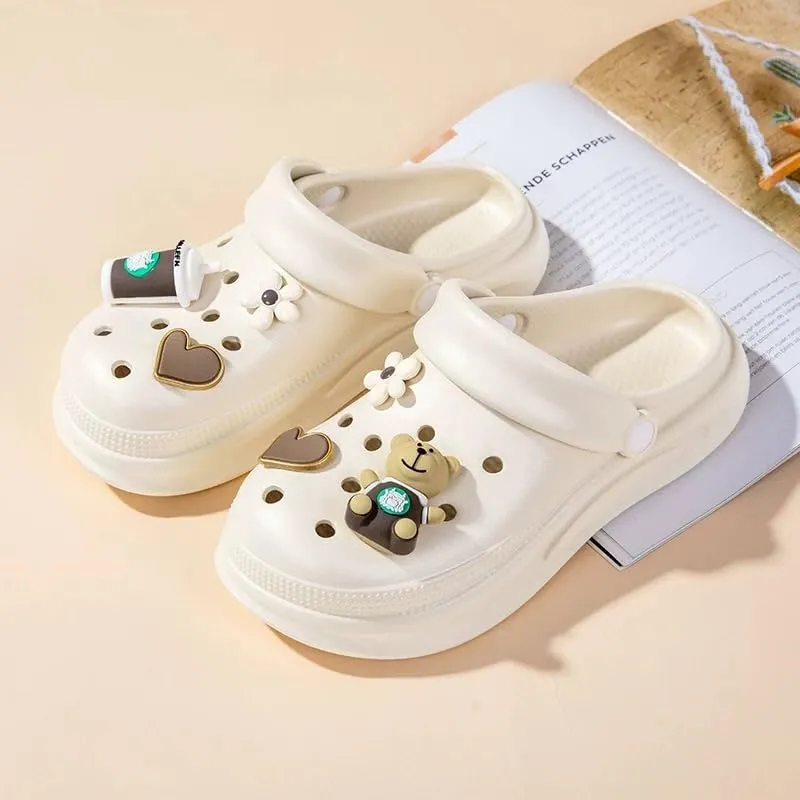 Coffee Theme Clogs, Decorative Heart and Bear Charms, Ventilated Garden Shoes, Beige