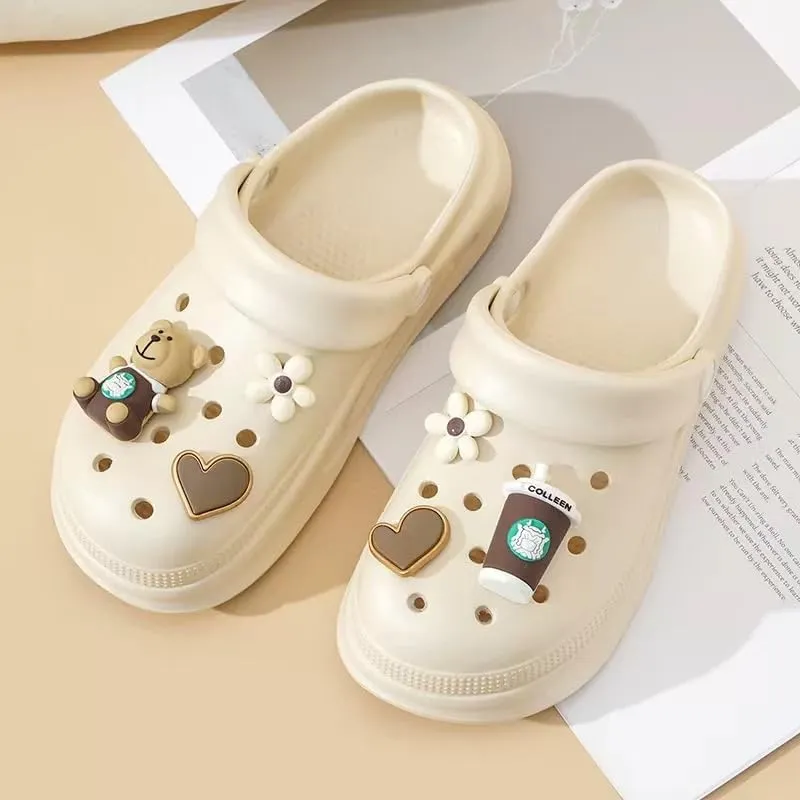 Coffee Theme Clogs, Decorative Heart and Bear Charms, Ventilated Garden Shoes, Beige
