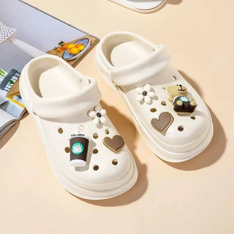 Coffee Theme Clogs, Decorative Heart and Bear Charms, Ventilated Garden Shoes, Beige