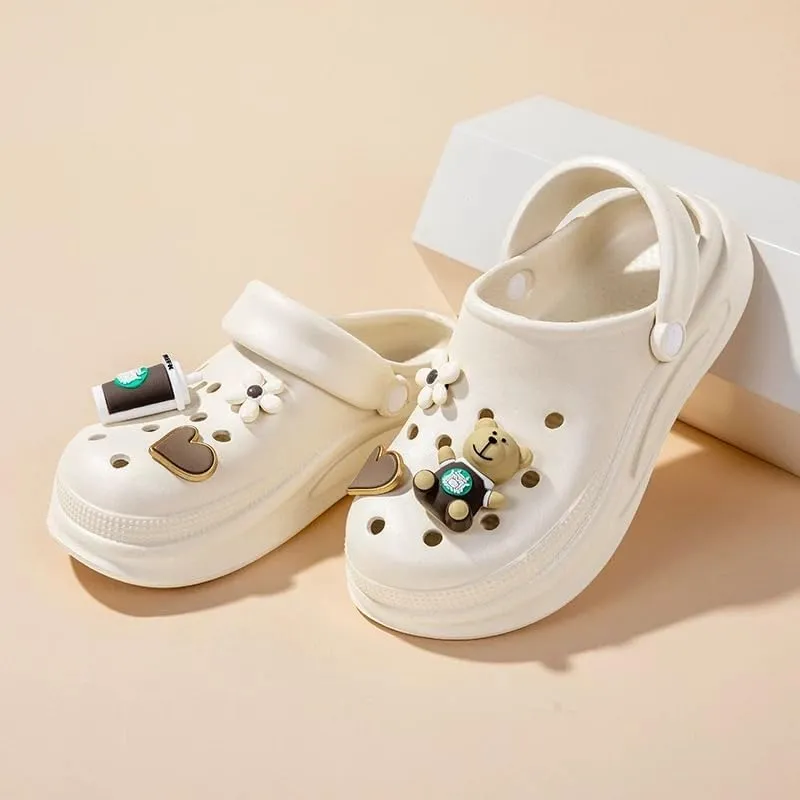 Coffee Theme Clogs, Decorative Heart and Bear Charms, Ventilated Garden Shoes, Beige