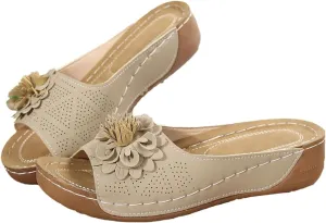 Comfort Sandals for Women Summer Wedge Low Heel Open Toe Slides Trendy Casual Flower Color Block Wedge Sandals Breathable Slip On Orthopedic Arch Support Shoes