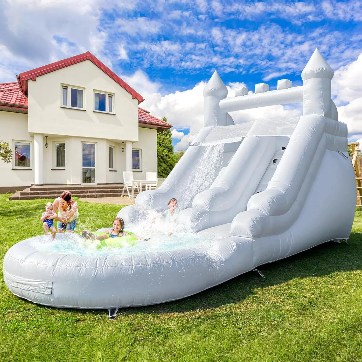 Commercial Grade Water Slide 21'x9'x12' Inflatable with Pool for Kids and Adults (with Blower Include), Wet Dry Use, Summer Splash Fun (White Water Slide, Commercial PVC)
