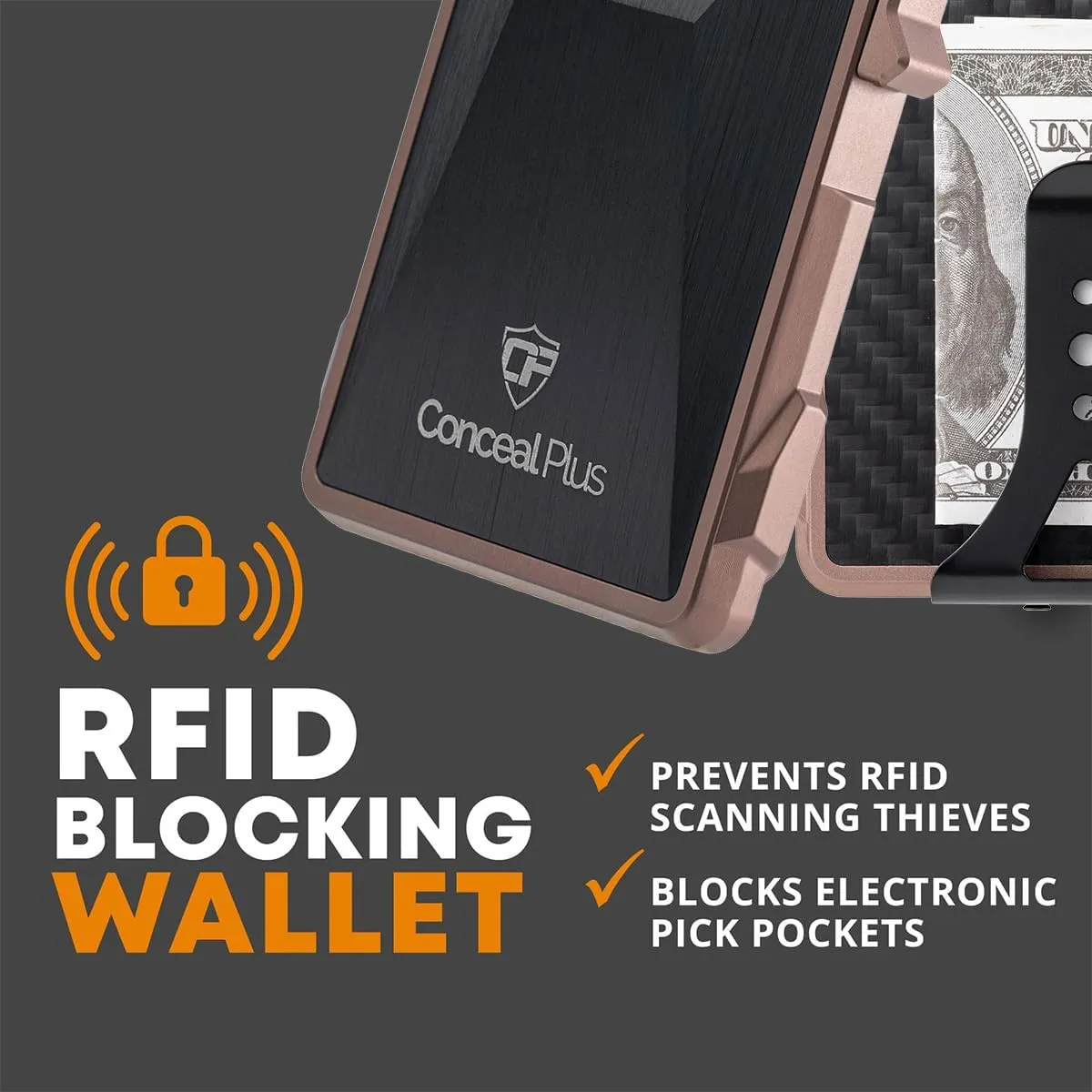 Conceal Plus Card Blocr Minimalist Wallet for Men, Slim Aluminum Tactical Design with RFID Blocking Security and Money Clip for Cash - Bronze with Carbon Fiber with Money Clip