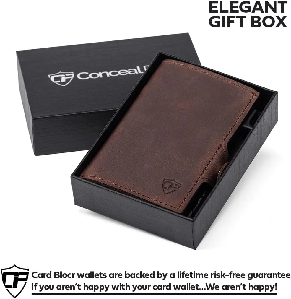 Conceal Plus Wallet for Men, Pop Up Wallet Credit Card Holder - RFID Blocking, Slim Minimalist Credit Card Case (Distressed Brown Genuine Leather)