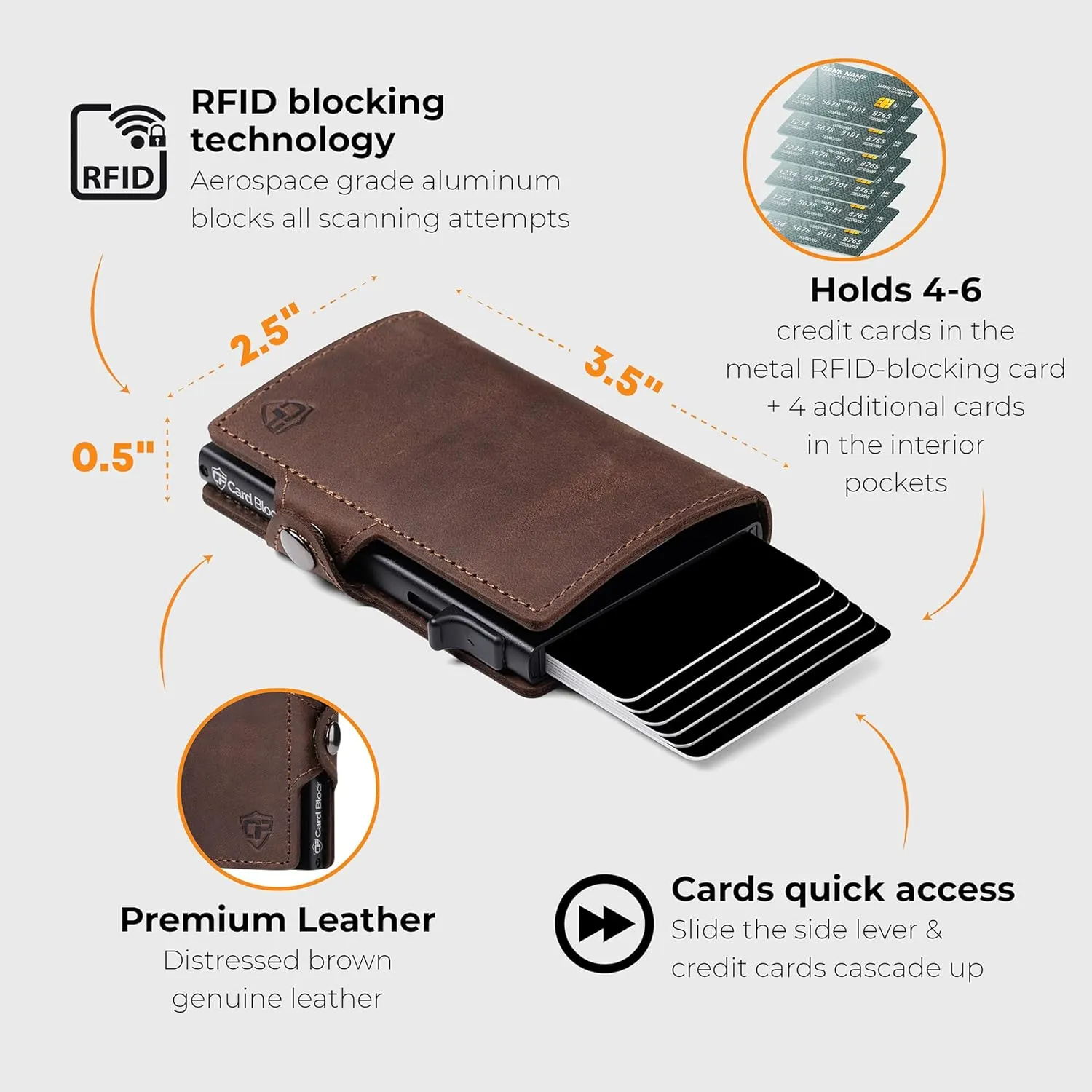 Conceal Plus Wallet for Men, Pop Up Wallet Credit Card Holder - RFID Blocking, Slim Minimalist Credit Card Case (Distressed Brown Genuine Leather)