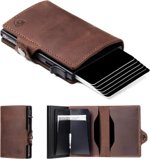 Conceal Plus Wallet for Men, Pop Up Wallet Credit Card Holder - RFID Blocking, Slim Minimalist Credit Card Case (Distressed Brown Genuine Leather)