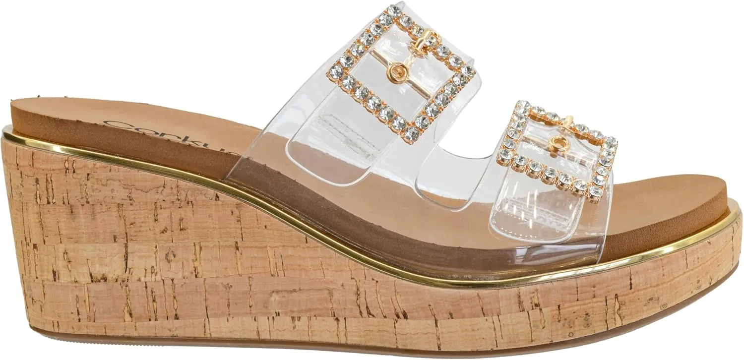 Corkys Footwear Women's Twinsie 2.5-Inch Wedge - Featuring Plush EVA Insoles For All Day Comfort, Rhinestone Buckles On The Straps, Gold Rand, And Slip-on Technology