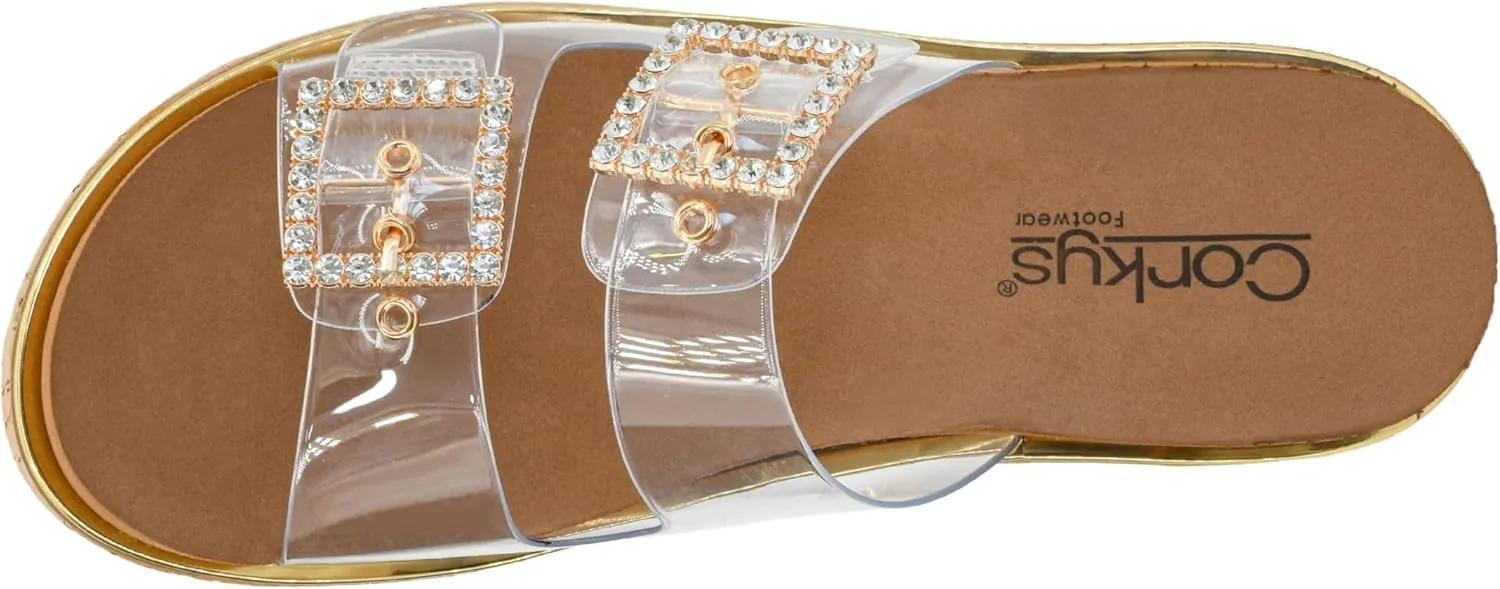 Corkys Footwear Women's Twinsie 2.5-Inch Wedge - Featuring Plush EVA Insoles For All Day Comfort, Rhinestone Buckles On The Straps, Gold Rand, And Slip-on Technology