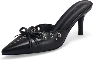 Coutgo Women's Bow Tie Mule Heels Pointed Toe Studded Backless Stilettos Slip On Dress Pump Shoes