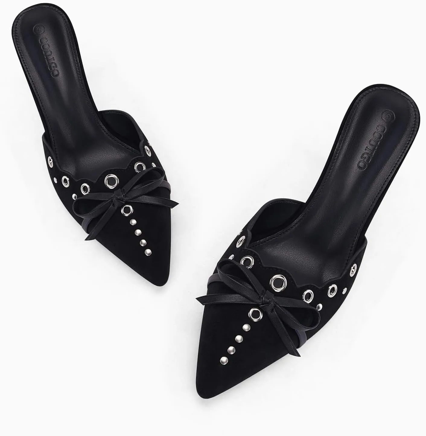 Coutgo Women's Bow Tie Mule Heels Pointed Toe Studded Backless Stilettos Slip On Dress Pump Shoes