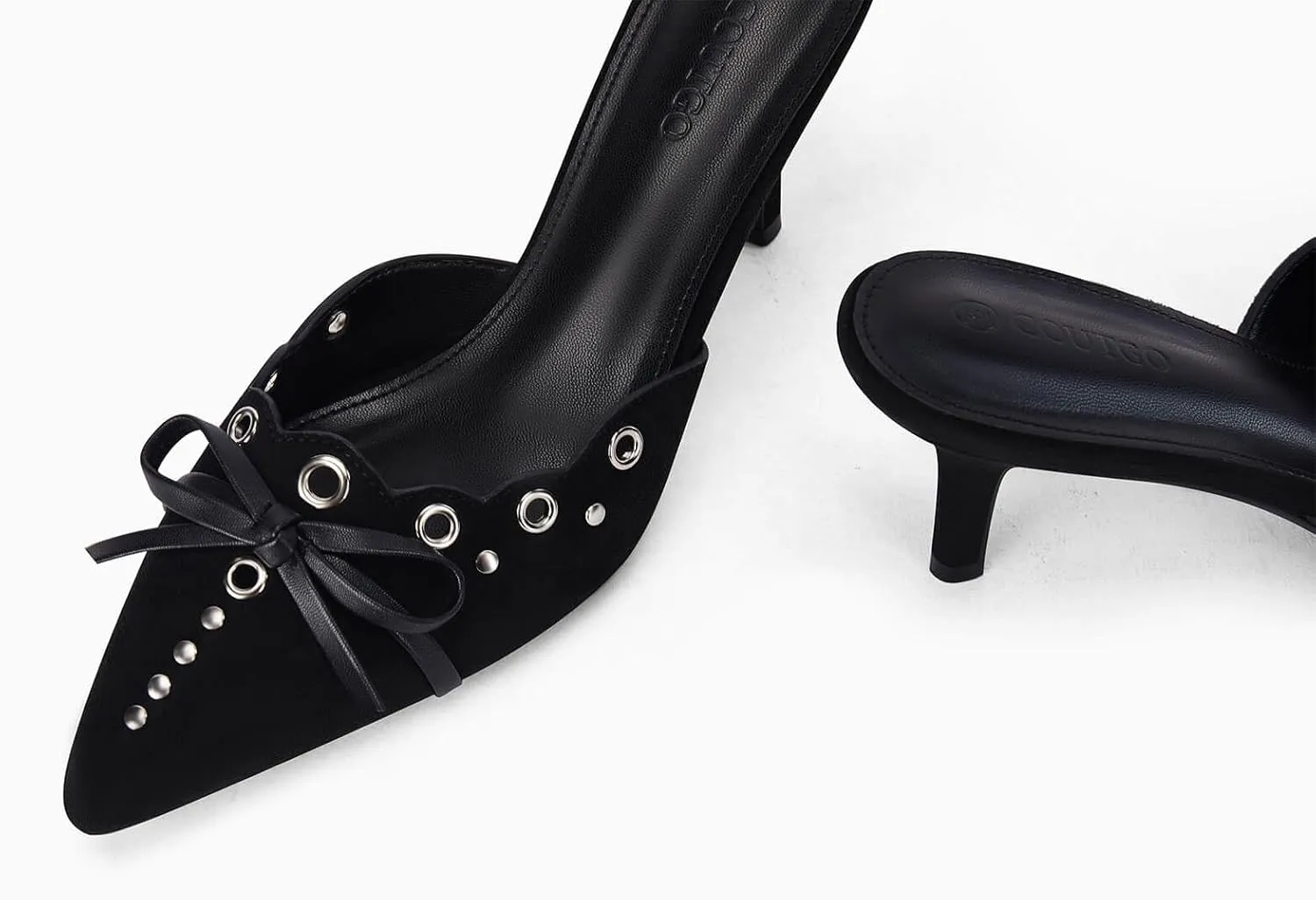 Coutgo Women's Bow Tie Mule Heels Pointed Toe Studded Backless Stilettos Slip On Dress Pump Shoes