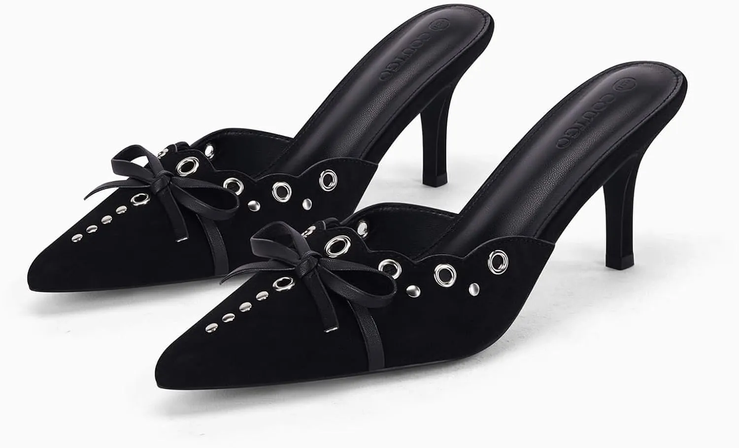Coutgo Women's Bow Tie Mule Heels Pointed Toe Studded Backless Stilettos Slip On Dress Pump Shoes