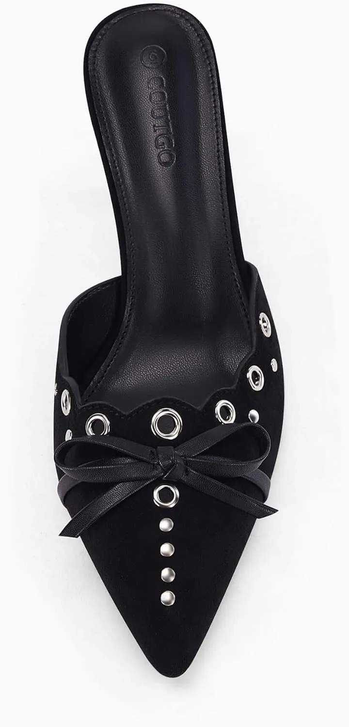 Coutgo Women's Bow Tie Mule Heels Pointed Toe Studded Backless Stilettos Slip On Dress Pump Shoes