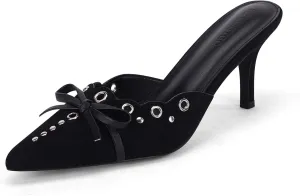 Coutgo Women's Bow Tie Mule Heels Pointed Toe Studded Backless Stilettos Slip On Dress Pump Shoes